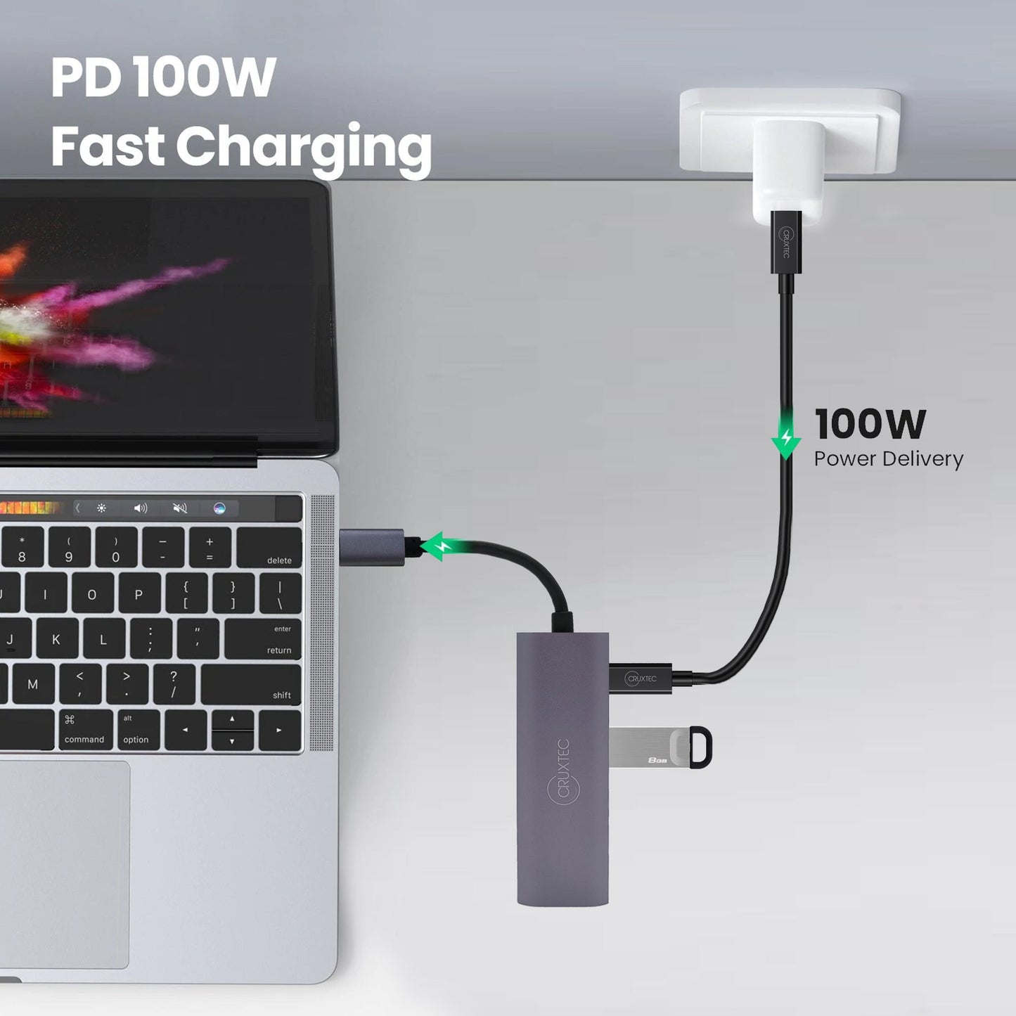 Cruxtec Aluminium Alloy USB-C Mulitport Docking Adapter, 1x 4K HDMI, 3x USB3.0, 1x USB-C 100W PD