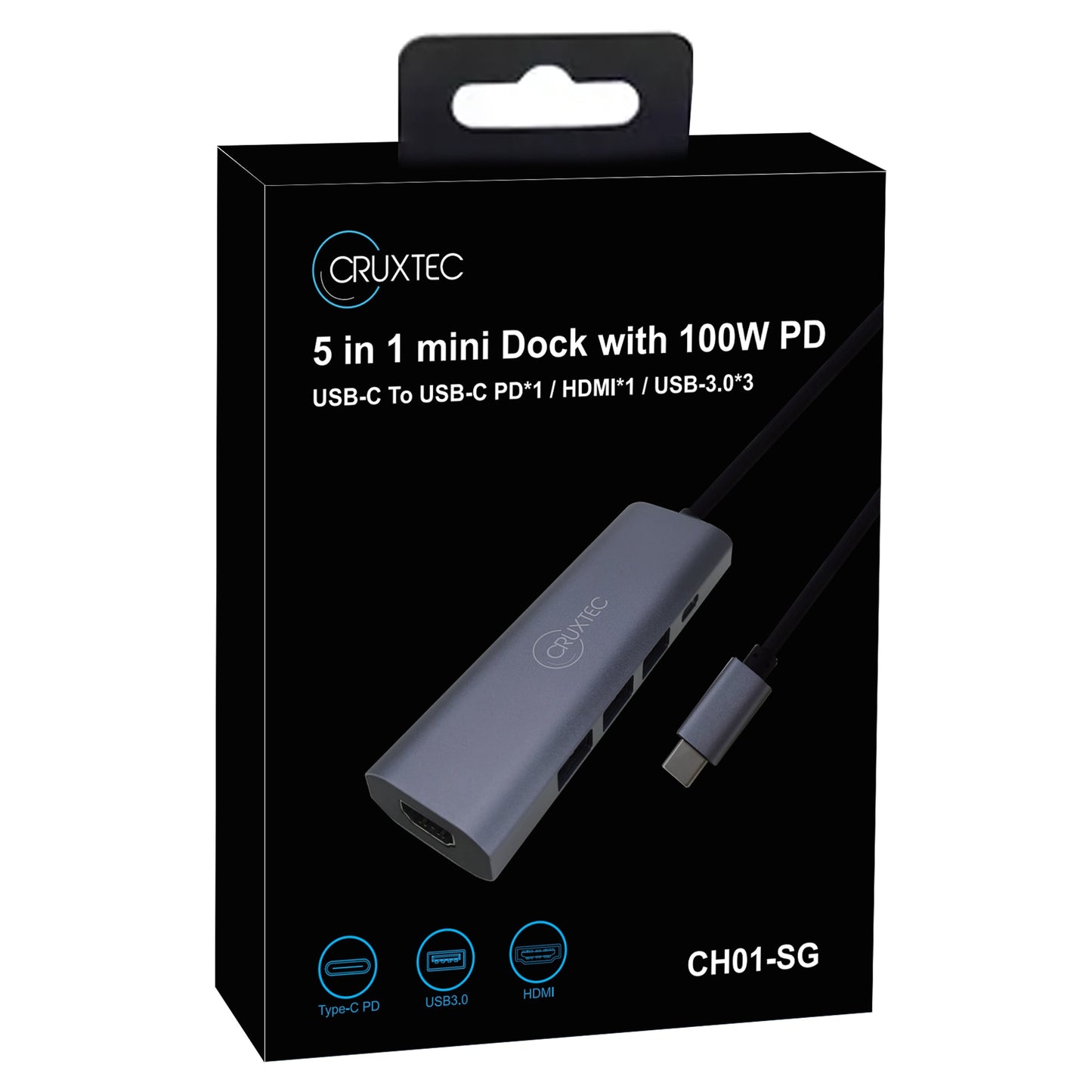 Cruxtec Aluminium Alloy USB-C Mulitport Docking Adapter, 1x 4K HDMI, 3x USB3.0, 1x USB-C 100W PD